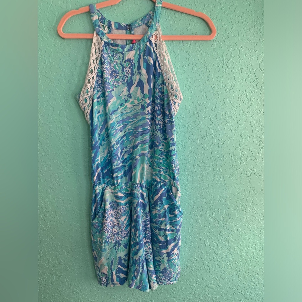 Lilly Pulitzer Aqua and White womens romper One Piece S preppy coastal resort